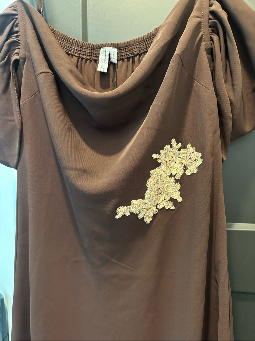 Anthropologie Bl-nk Satin Off-Shoulder Lace Midi Dress Small Reg Chocolate Brown - Picture 7 of 13